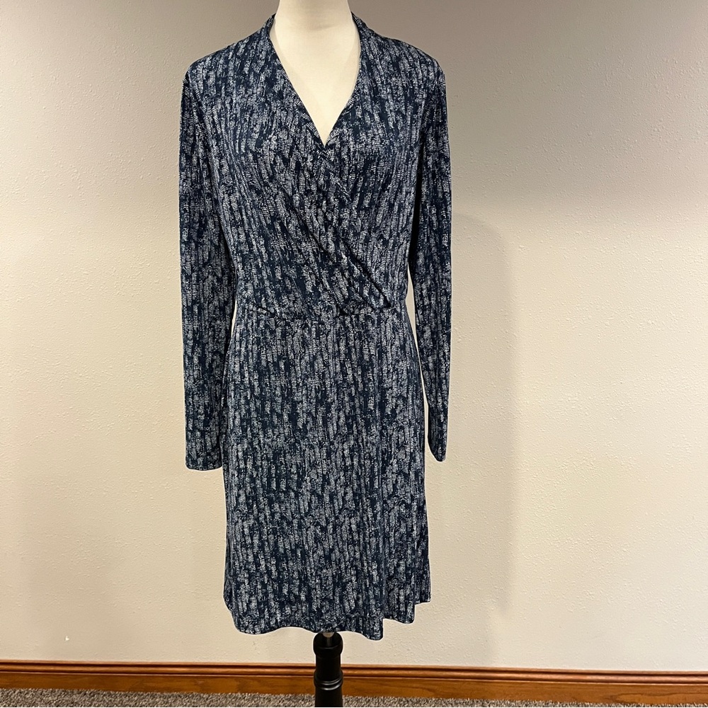 Halston Heritage Navy‎ Patterned Faux-Wrap Long Sleeve Dress